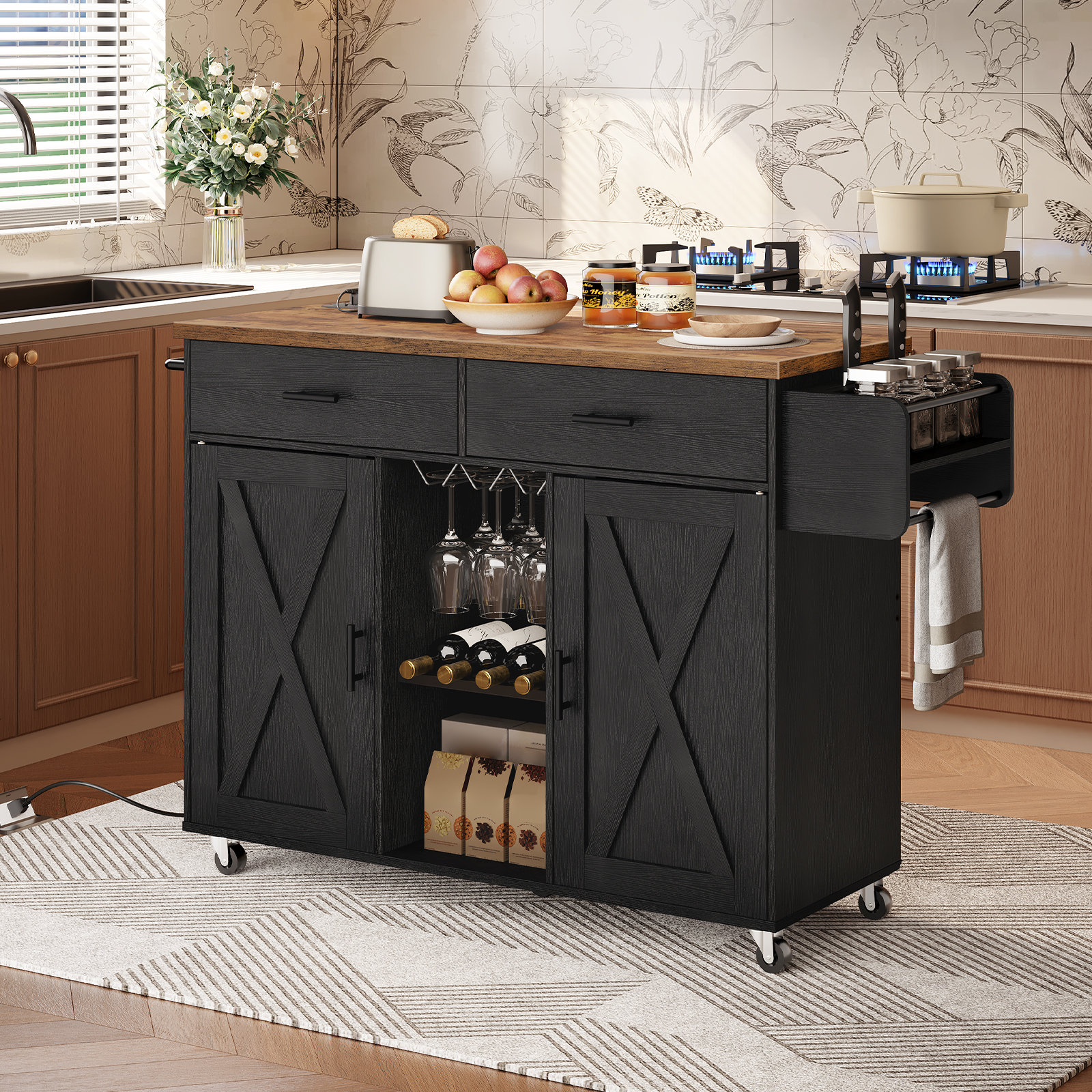 Gracie Oaks Mayrani 43.3" Rolling Kitchen Island with storage and Power